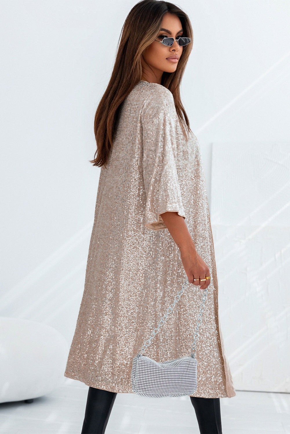 Sequin 3/4 Sleeve Open Front Duster Kimono