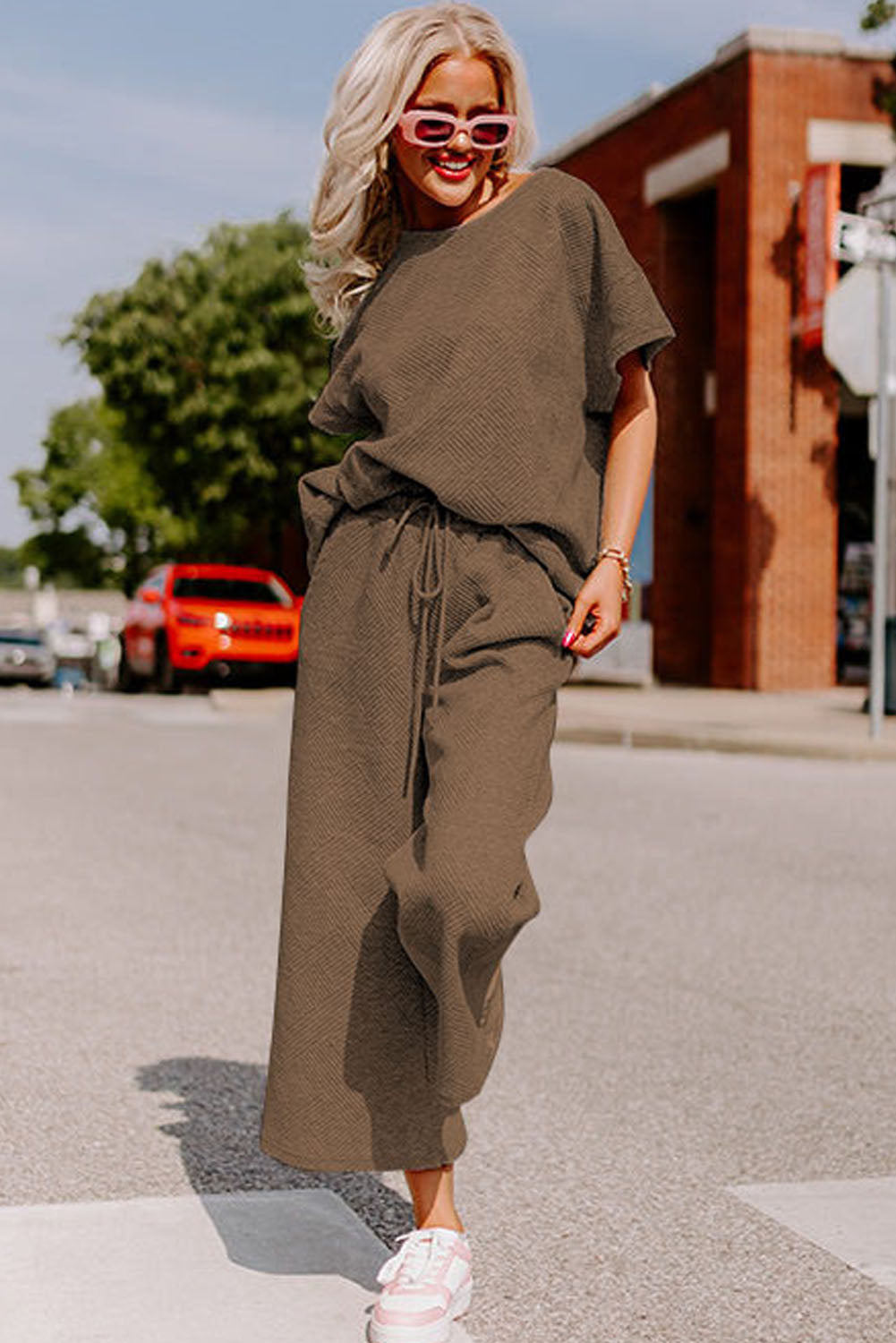 Textured Loose Fit T Shirt and Drawstring Pants Set