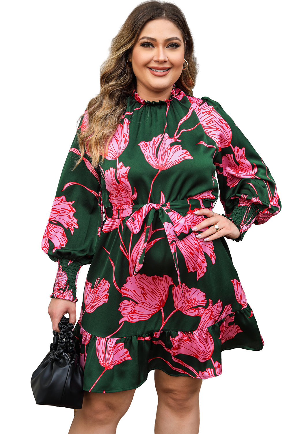 Shirred Bracelet Sleeve Ruffled Floral Dress