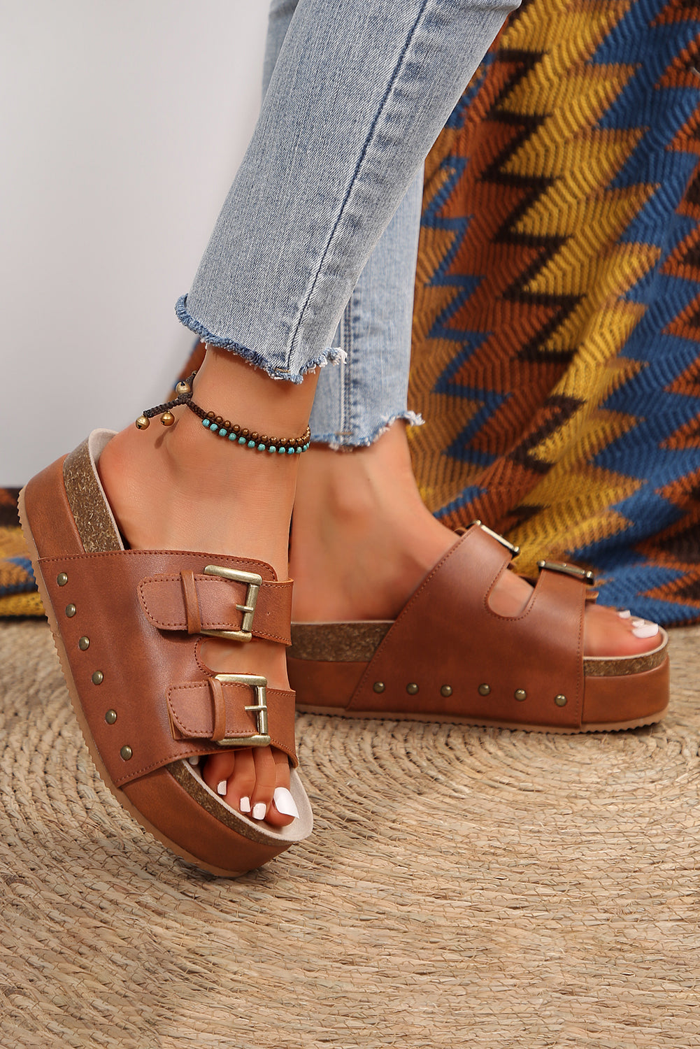 Dual Buckle Studded Platform Sandal Slippers