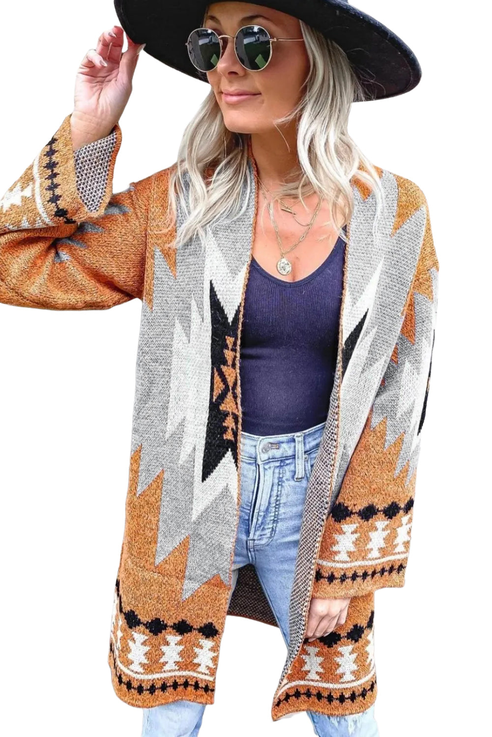 Gold Flame Aztec Graphic Open-Front Cardigan