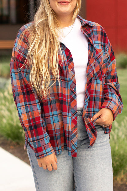 Red Plus Size Plaid Print Buttoned Shirt