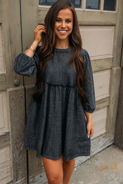 Balloon Sleeve High Waist Denim Dress