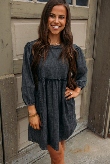 Balloon Sleeve High Waist Denim Dress