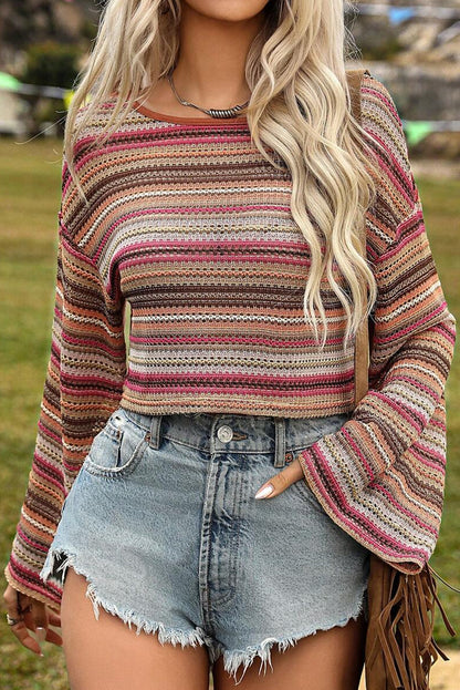 Pink Striped Wide Cropped Long Sleeve Top