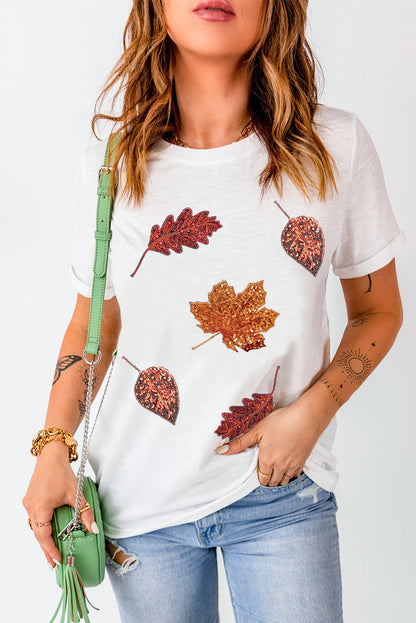 Halloween Sequined Leaves Graphic Crew Neck T Shirt