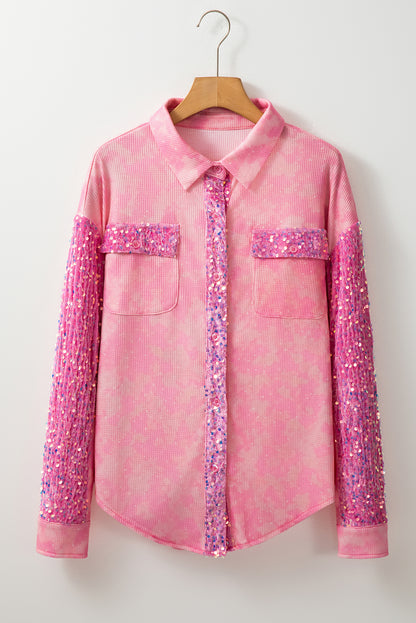 Mineral Wash Sequin Patchwork Flap Pocket Shacket