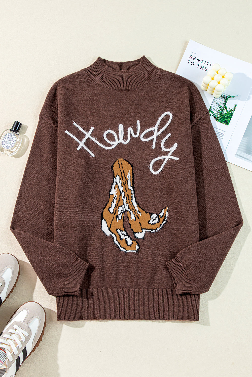 Western Howdy Boot Graphic High Neck Sweater