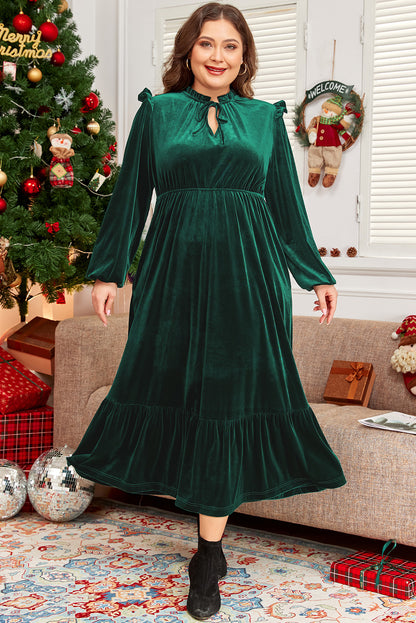 EverGreen Velvet Frilled up Neck Ruffled High Waist Plus Size Midi Dress