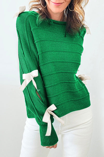 Bow Knot Cut Out Round Neck Loose Sweater