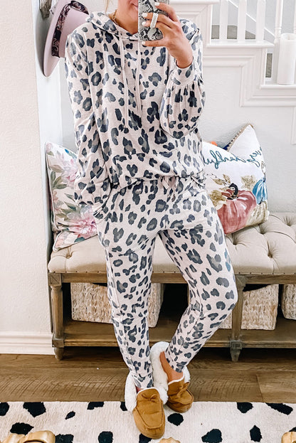 Leopard Print Drawstring Hoodie and Skinny Pants Lounge Set