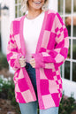 Bubblegum Pink Checkered Printed Ribbed Trim Open Front Cardigan