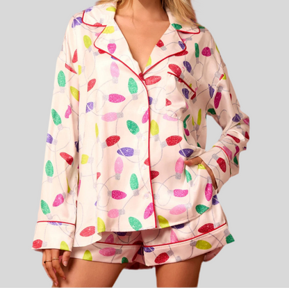 Printed Collared Neck Long Sleeve Top and Shorts Set