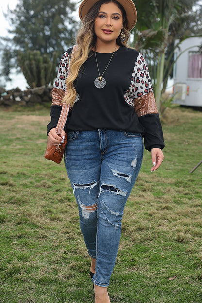 Leopard Sequin Patch Plus Size Long Sleeve Top