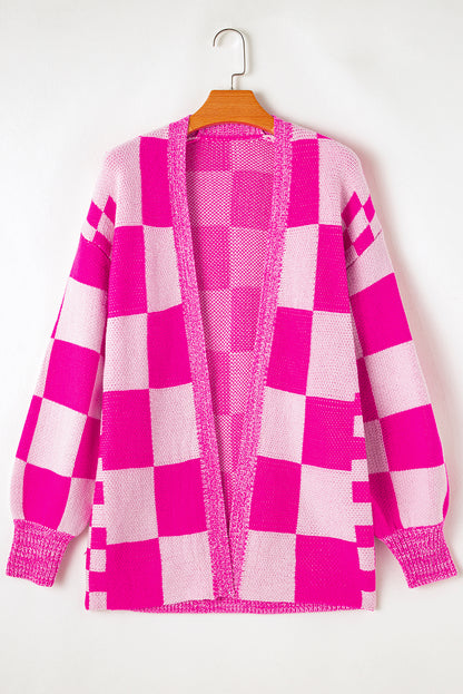 Bubblegum Pink Checkered Printed Ribbed Trim Open Front Cardigan