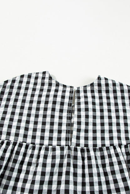 Checkered Puff Sleeve Tiered Loose Babydoll Blouse