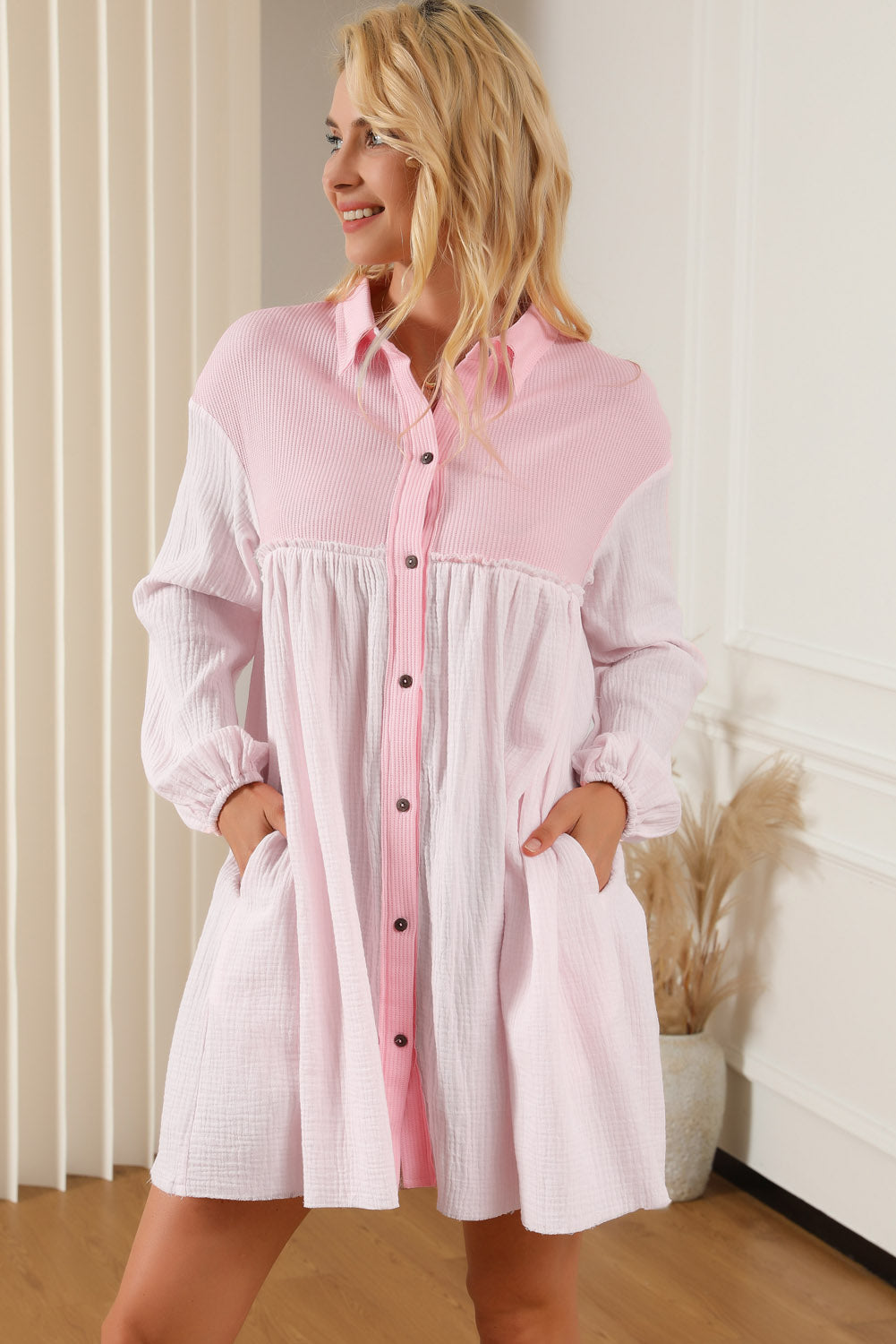 Pink Patchwork Crinkle Puff Sleeve Shirt Dress