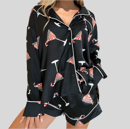 Printed Collared Neck Long Sleeve Top and Shorts Set