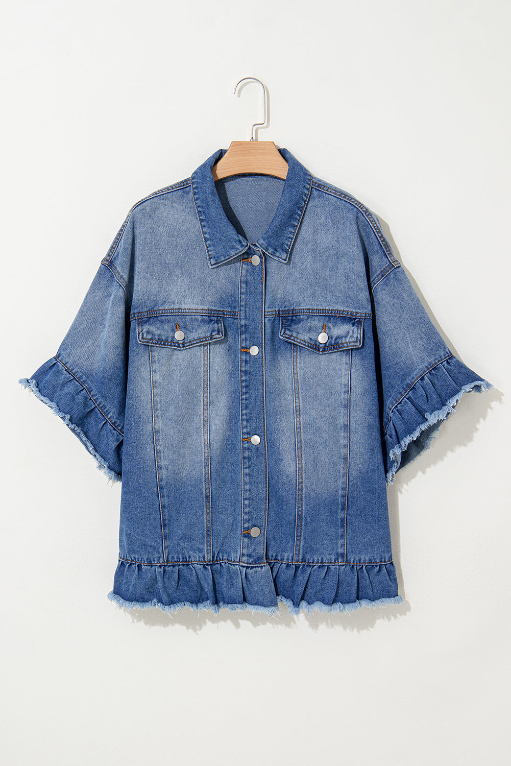 Peacock Blue Ruffled Frayed Short Sleeve Plus Size Denim Jacket