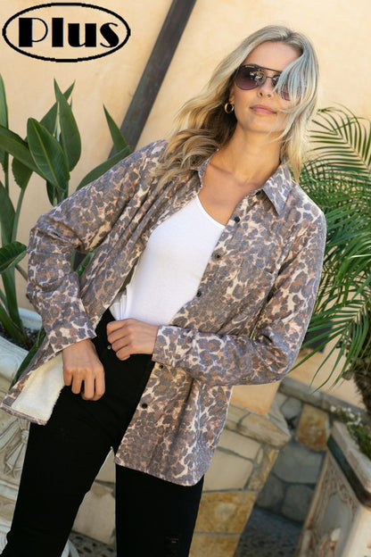 CHEETAH FLEECE LINED BUTTON DOWN PLUS SHIRT TOP