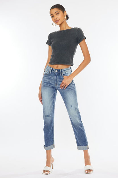 Kan Can High Rise Cuffed Slim Straight Jeans