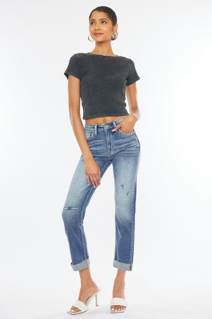 Kan Can High Rise Cuffed Slim Straight Jeans