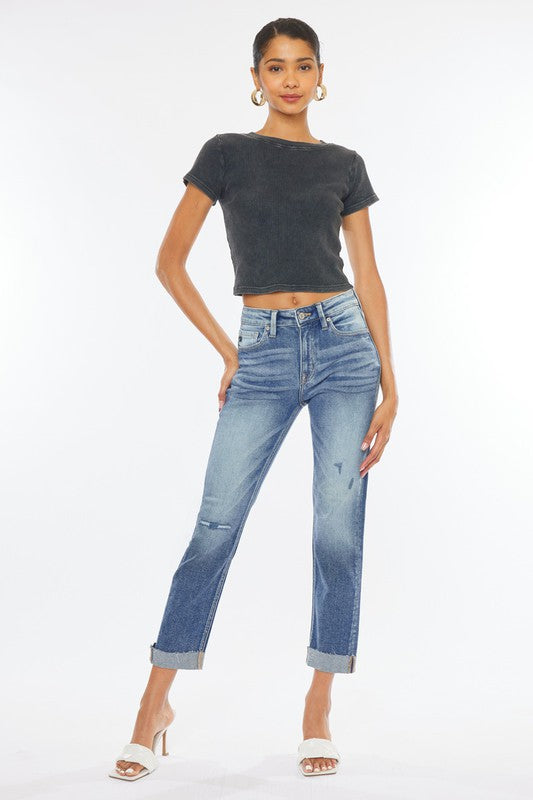 Kan Can High Rise Cuffed Slim Straight Jeans