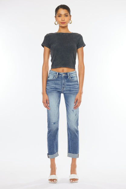 Kan Can High Rise Cuffed Slim Straight Jeans