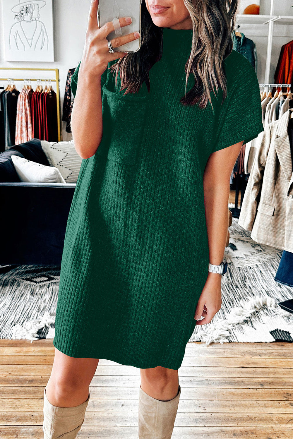 Patch Pocket Ribbed Knit Short Sleeve Sweater Dress