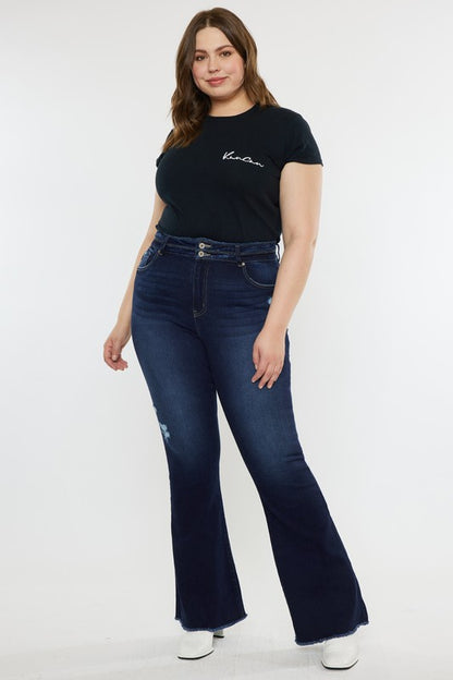 Kan Can Plus High Rise Double WB Fray Hem Flare Jeans