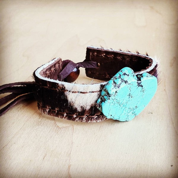 Narrow Leather Cuff w/ Turquoise Slab-Brindle Hide