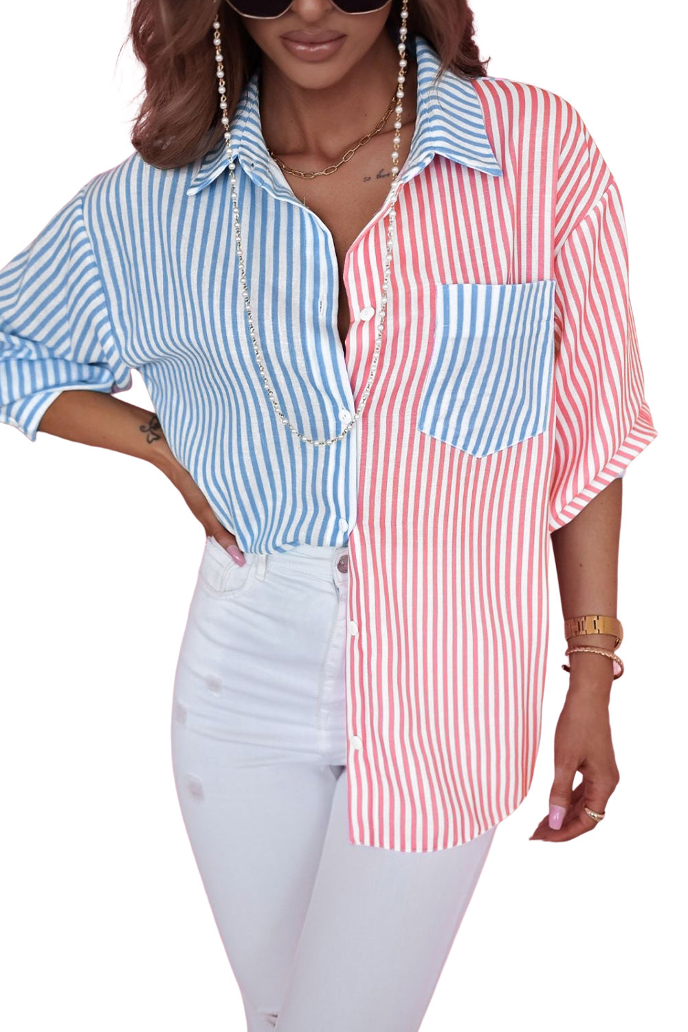 Sky Blue Contrast Striped Print Shirt