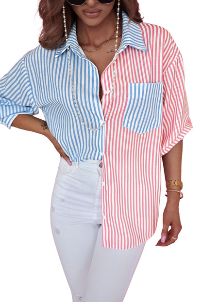 Sky Blue Contrast Striped Print Shirt