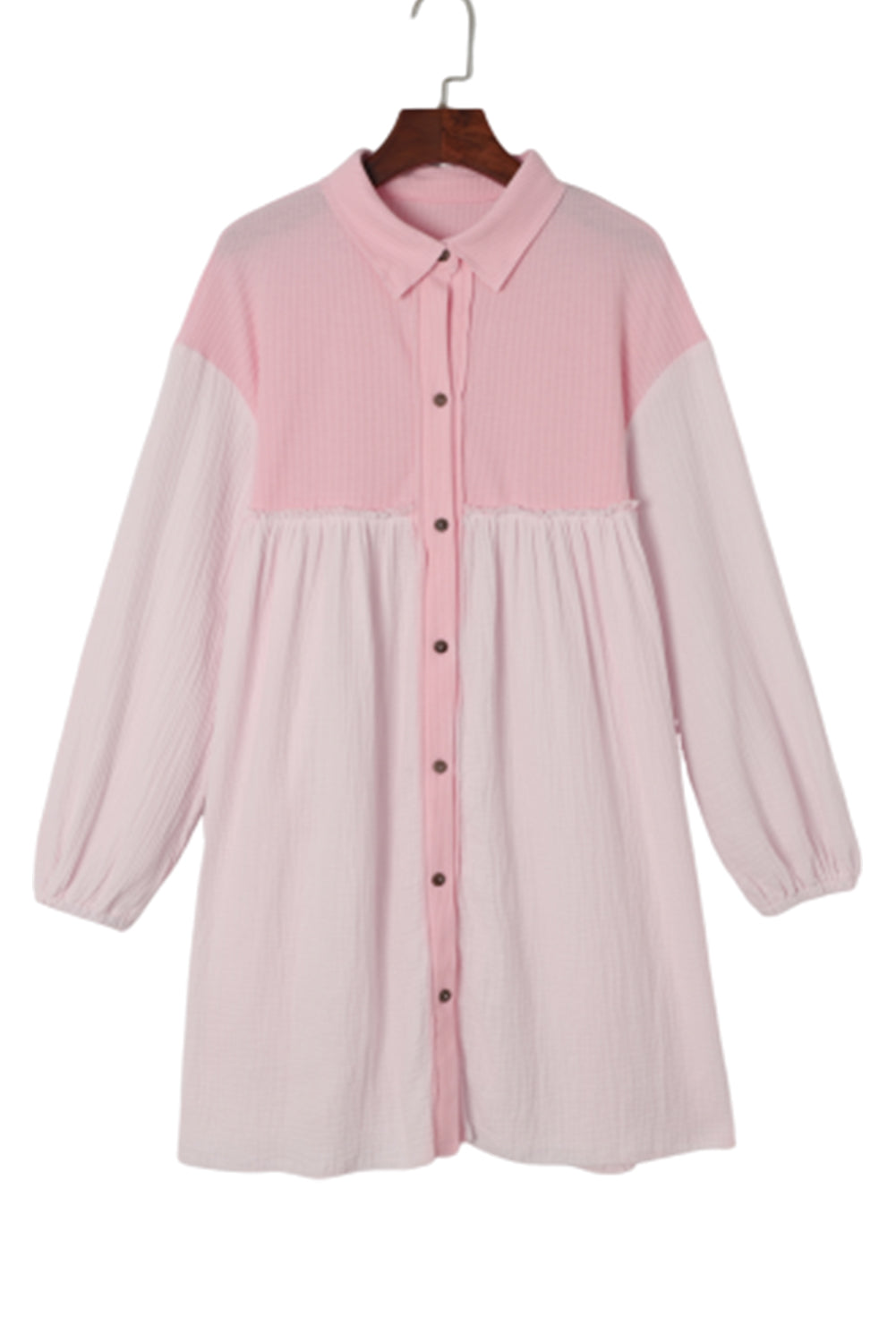 Pink Patchwork Crinkle Puff Sleeve Shirt Dress