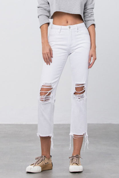 Denim Lab High Waist Ripped Frayed Hem Straight Jeans