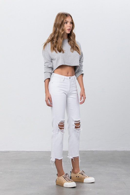 Denim Lab High Waist Ripped Frayed Hem Straight Jeans