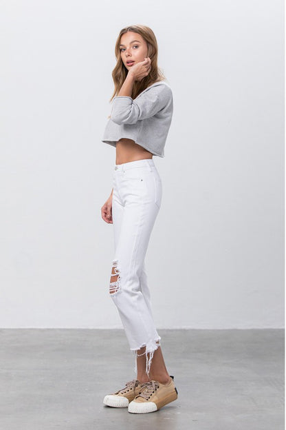 Denim Lab High Waist Ripped Frayed Hem Straight Jeans