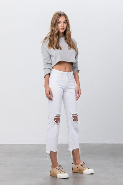 Denim Lab High Waist Ripped Frayed Hem Straight Jeans