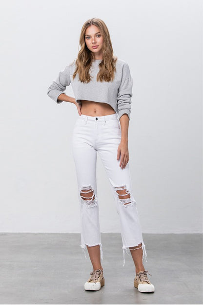 Denim Lab High Waist Ripped Frayed Hem Straight Jeans