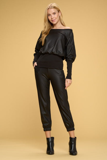 Faux Leather Top with Rib Banded Bottom