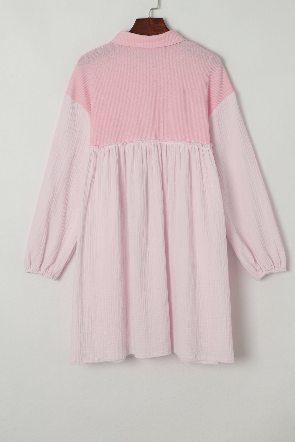 Pink Patchwork Crinkle Puff Sleeve Shirt Dress