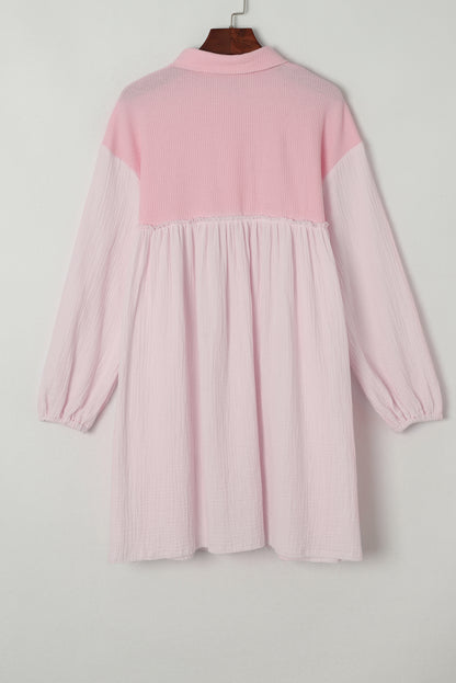 Pink Patchwork Crinkle Puff Sleeve Shirt Dress