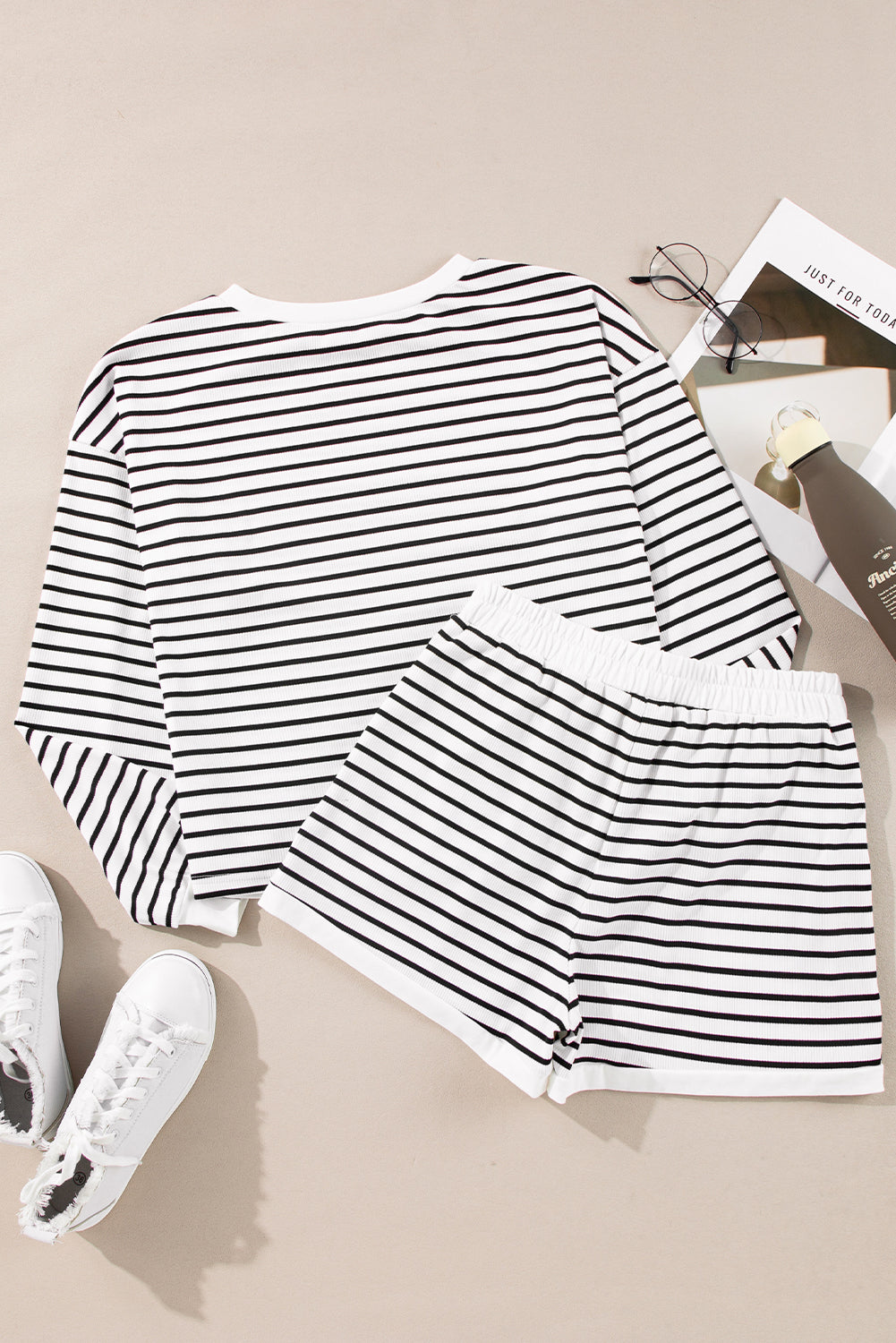 Stripe Textured 3/4 Sleeve Top and Shorts Set