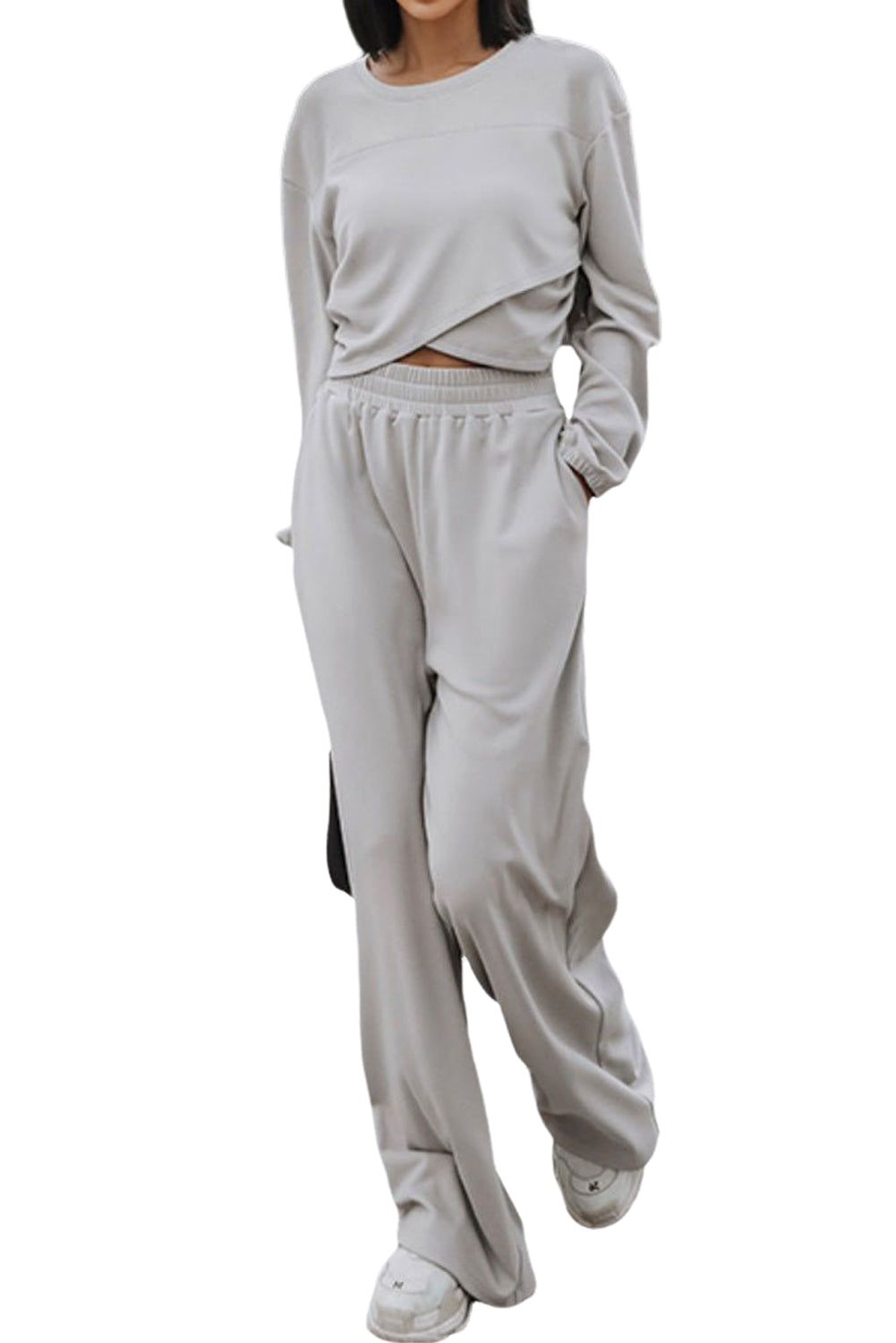 Tracy: Light Grey Solid Criss Cross Crop Top and Pants Active Set