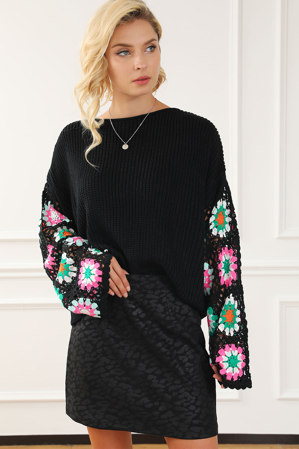 Floral Crochet Bell Sleeve Loose Sweater