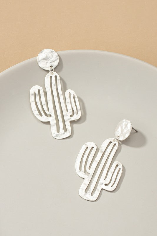 Hammered thin metal openwork cactus drop earrings