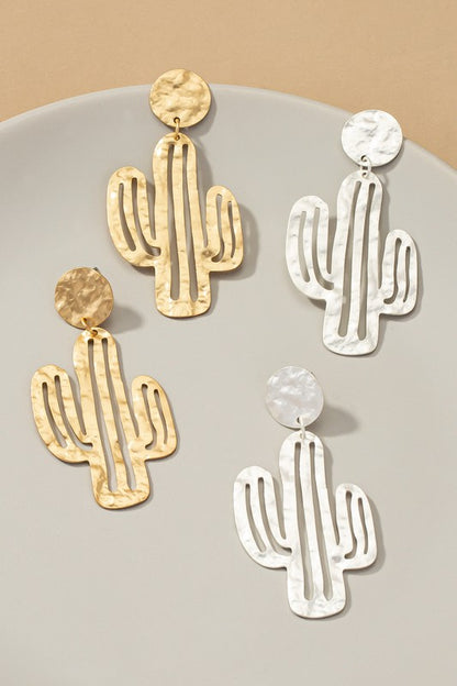 Hammered thin metal openwork cactus drop earrings