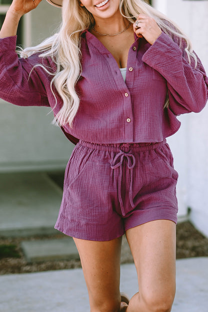 Textured Dolman Sleeve Cropped Shirt and Shorts Set