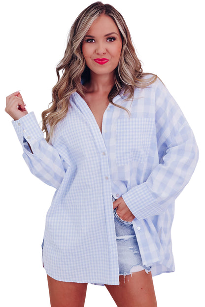 Sky Blue Mix Checked Patchwork Long Sleeve Shirt