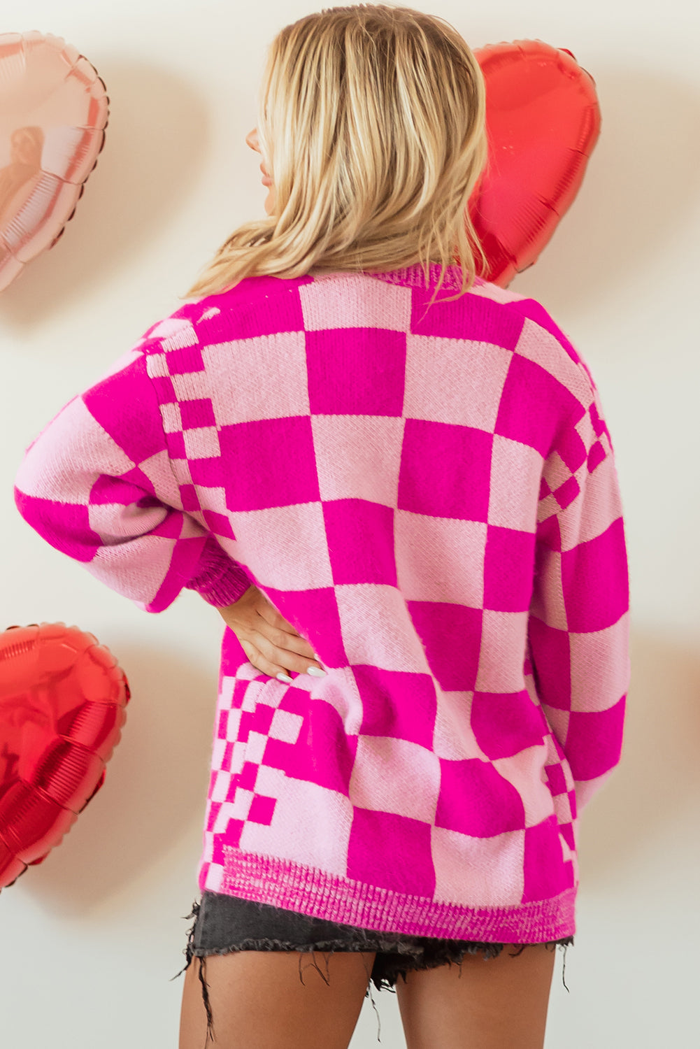 Bubblegum Pink Checkered Printed Ribbed Trim Open Front Cardigan